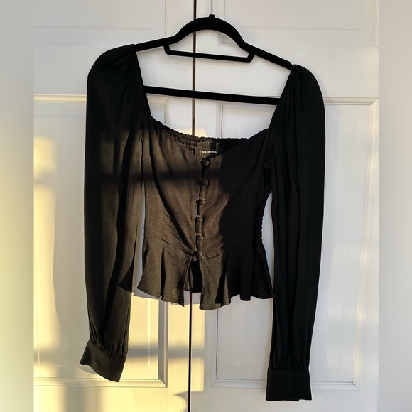 Reformation Black Buttoned Long Sleeve Peplum Blouse - Picture 9 of 12